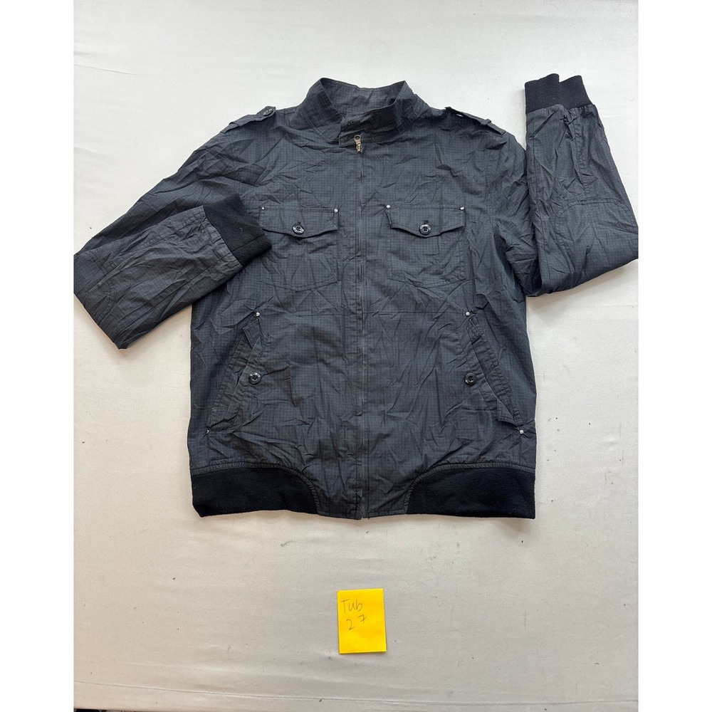 Heritage 1981 Mens Large Gray Grid Pattern Full Zip Bomber Jacket Mock Neck L